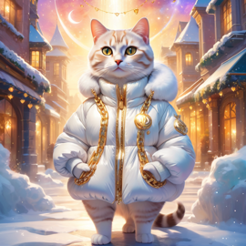 domestic shorthair cat in a white puffer coat with golden hip hop chains, in a posh urban environment, looking cute and happy.