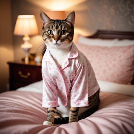 domestic shorthair cat in cute pyjamas, relaxing in a beautiful posh bedroom, highlighting happiness and coziness.