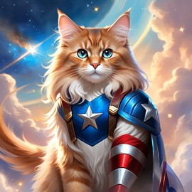 domestic longhair cat as captain america from avengers, ethereal and magical.