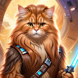 domestic longhair cat as chewbacca from star wars, ethereal and magical.