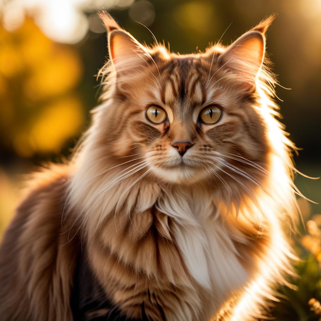 domestic longhair cat in golden hour light, highlighting their beauty in nature with a moody and detailed atmosphere.