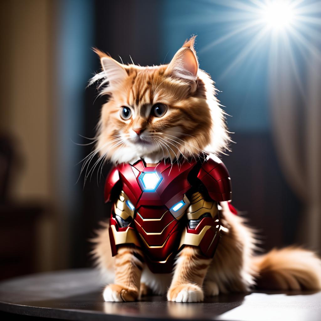 domestic longhair cat as iron man, featuring a detailed iron man costume and a high-budget movie scene.