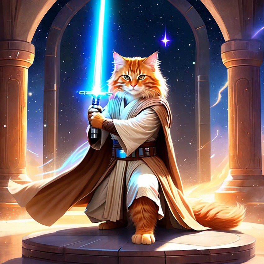 domestic longhair cat as a jedi knight, with a lightsaber and star wars backdrop in a celestial, painterly style.