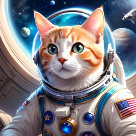 domestic shorthair cat as astronaut in space, ethereal and magical style, wearing spacesuit.