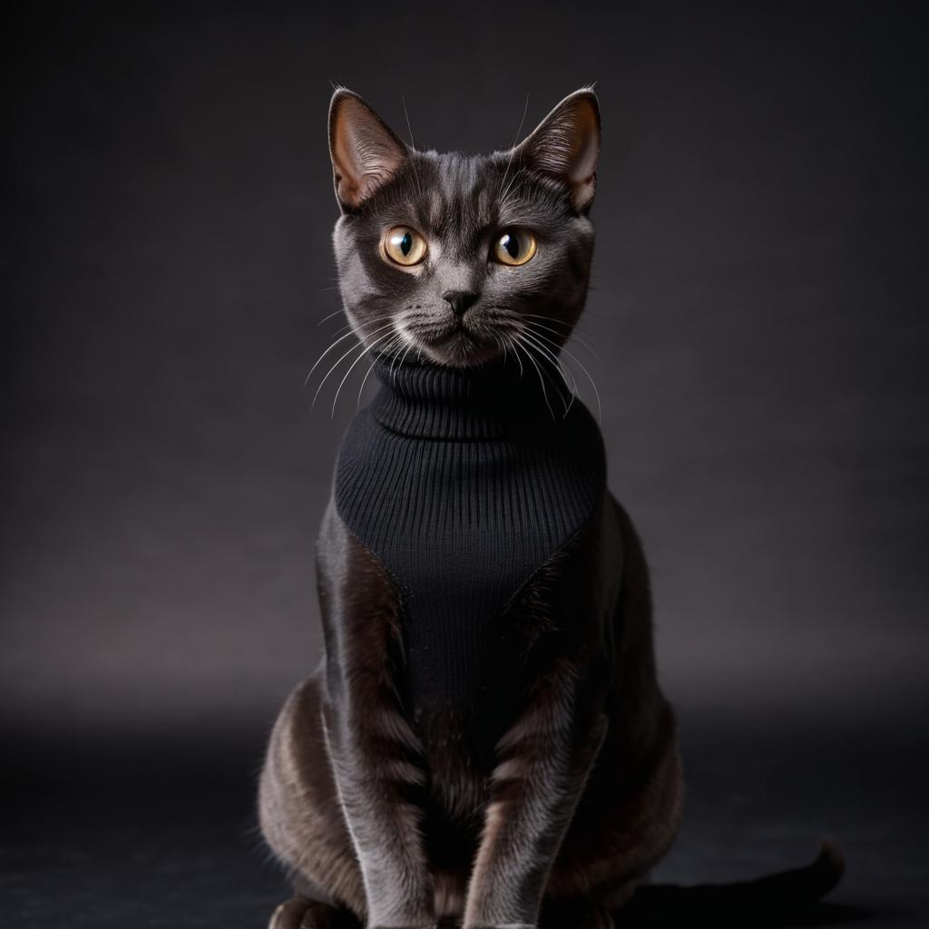 domestic shorthair cat in a black turtleneck, against a diffused background, looking cute and elegant.