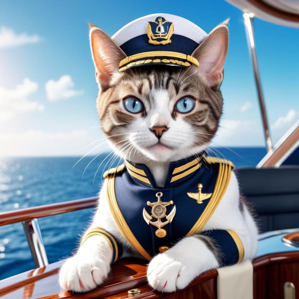 domestic shorthair cat as a captain on a luxury yacht, wearing captain uniform, highly detailed.