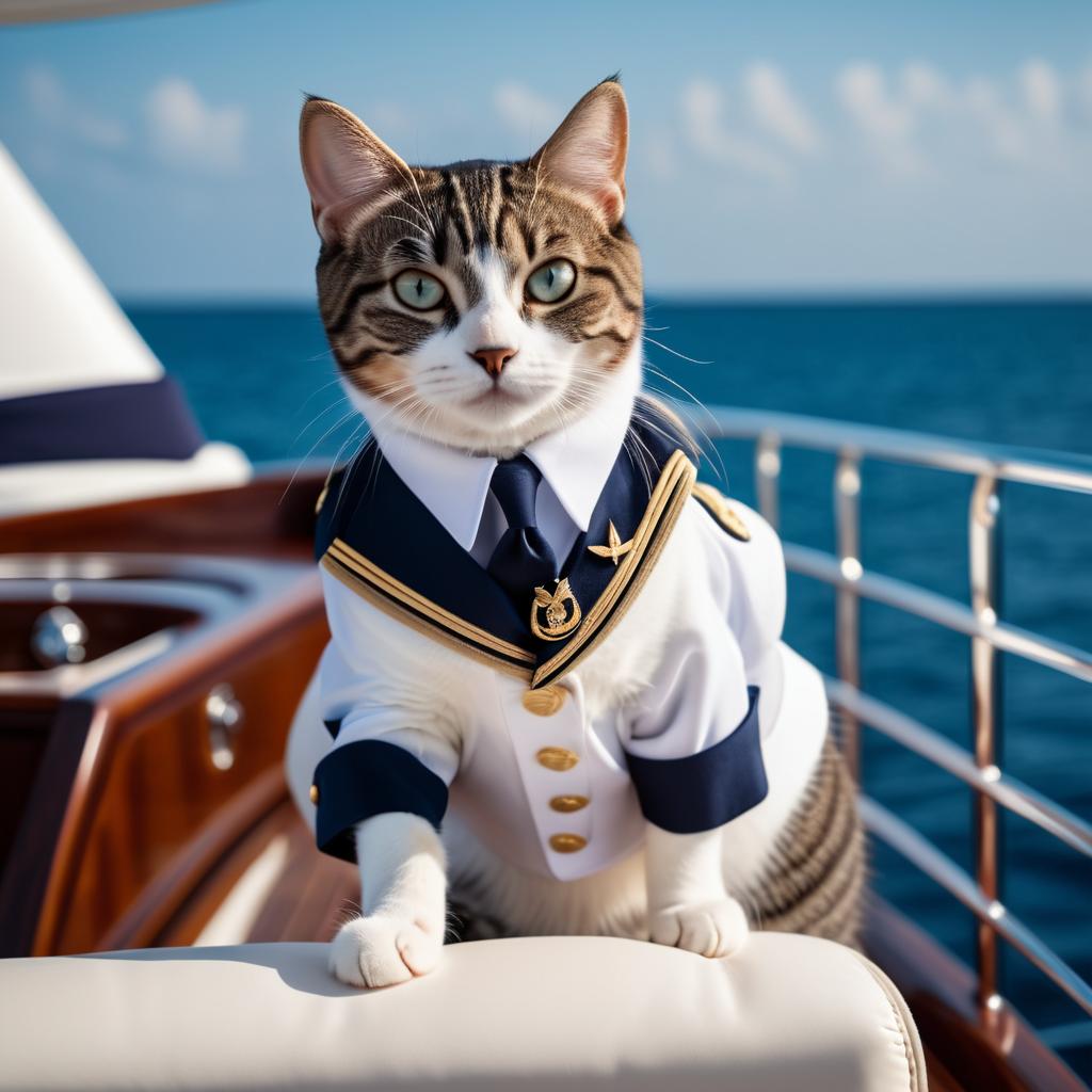 domestic shorthair cat as a captain on a luxury yacht, wearing captain uniform, against a blue sea.