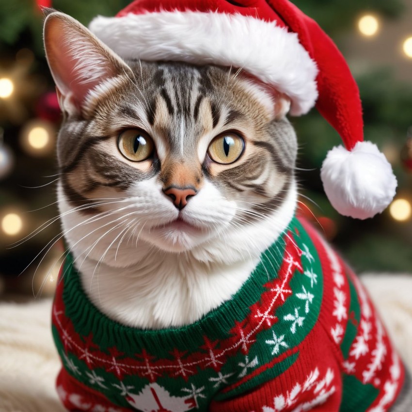 domestic shorthair cat in a christmas sweater and santa hat, lifelike and festive.