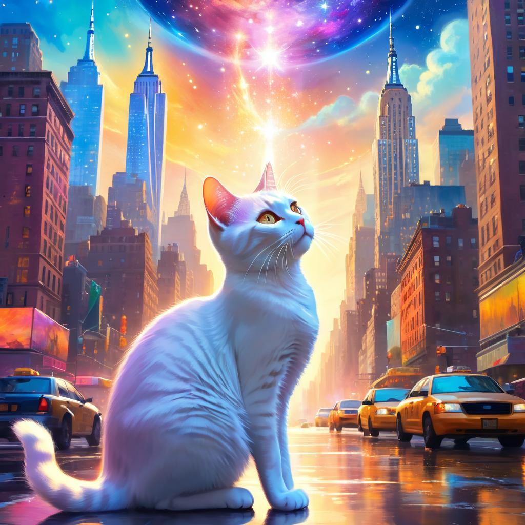 domestic shorthair cat in new york depicted in ethereal fantasy art, with a magical and celestial backdrop.