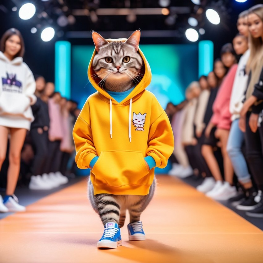 domestic shorthair cat strutting down the fashion show catwalk stage in trendy streetwear including a cool hoodie and sneakers, high energy and trendy.