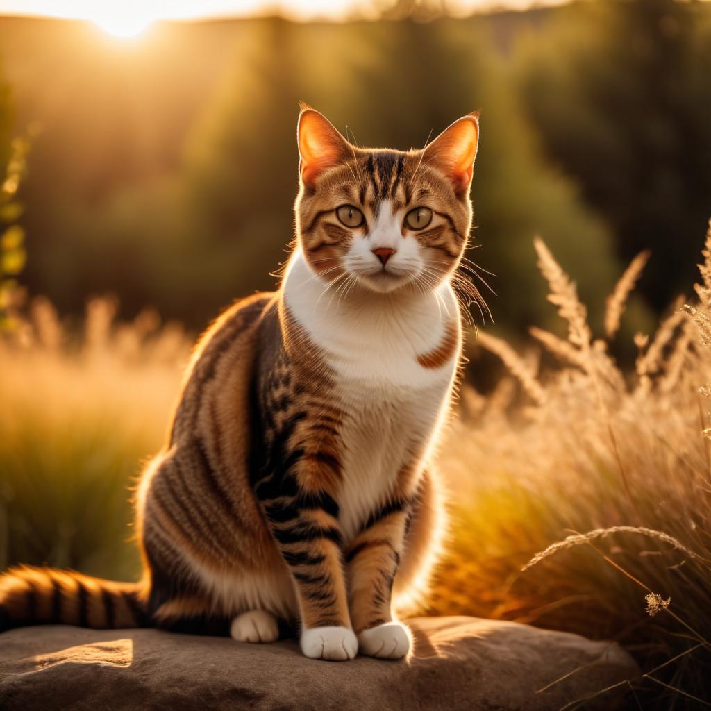 domestic shorthair cat in golden hour light, highlighting their beauty in nature with a moody and detailed atmosphere.