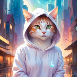 domestic shorthair cat in a white hoodie, featuring a magical and ethereal urban setting with a cute and happy vibe.