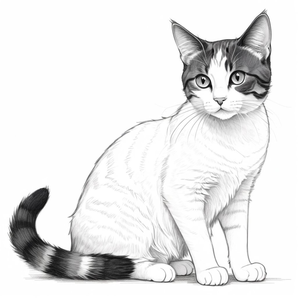 pencil sketch drawing of domestic shorthair cat, detailed line art in black and white, capturing a timeless and elegant representation.