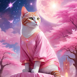 domestic shorthair cat in pink clothing, set in a beautiful pink scene with a dreamy, magical vibe.