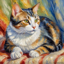 domestic shorthair cat in the style of renoir, showcasing classic artistic brush strokes and timeless elegance.