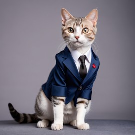 domestic shorthair cat in a stylish suit, posing against a diffused background, looking cute and professional.