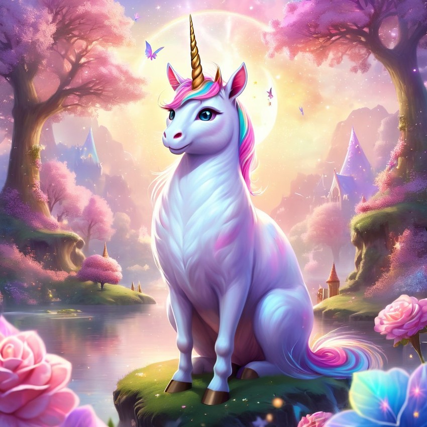 domestic shorthair cat as a unicorn in a magical fairytale environment, capturing an ethereal and majestic scene.