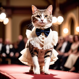 domestic shorthair cat strutting down the fashion show catwalk stage in a vintage victorian outfit with lace and ruffles, high energy and majestic.