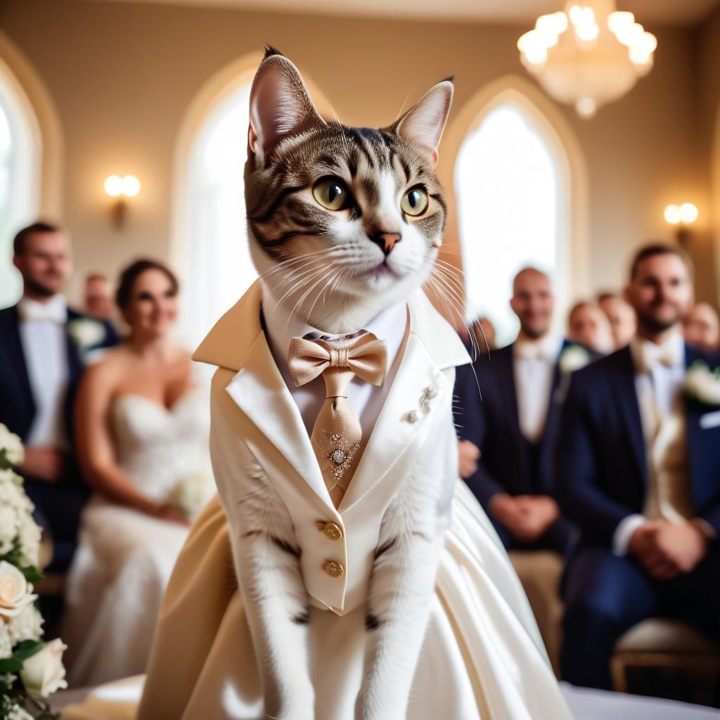 domestic shorthair cat in a beautiful wedding suit, capturing a cute and happy moment in a romantic environment.