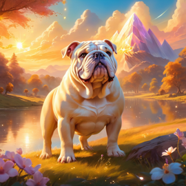 bulldog during golden hour, with a celestial and magical atmosphere, capturing their beauty in a dreamy setting.