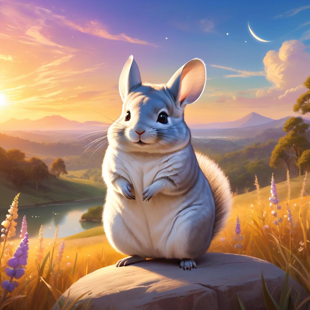 standard grey chinchilla during golden hour, with a celestial and magical atmosphere, capturing their beauty in a dreamy setting.