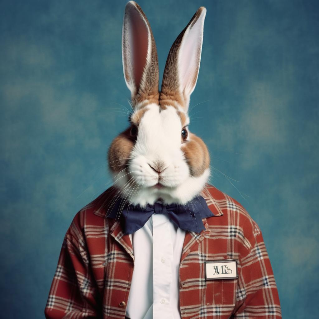 90s yearbook photo of dutch rabbit in old school clothing, full body, vintage background.