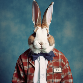 90s yearbook photo of dutch rabbit in old school clothing, full body, vintage background.