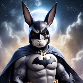 dutch rabbit as batman, ethereal and majestic, wearing batman suit and mask.