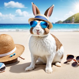 dutch rabbit on a beach with white sand and blue sea, wearing sunglasses and summer hat.