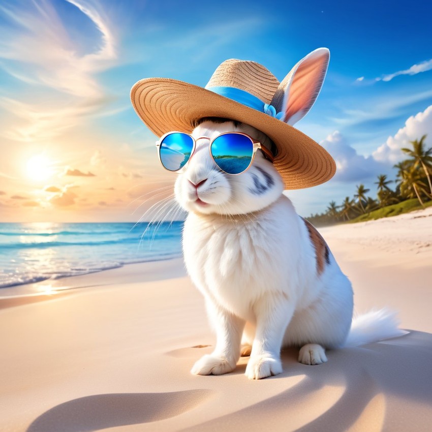 dutch rabbit on a beach with white sand and blue sea, wearing sunglasses and summer hat.