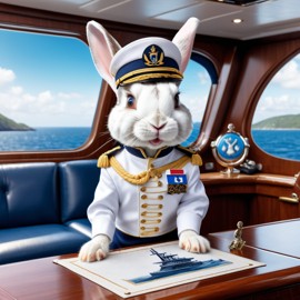 dutch rabbit as a captain on a luxury yacht, wearing captain uniform, highly detailed.