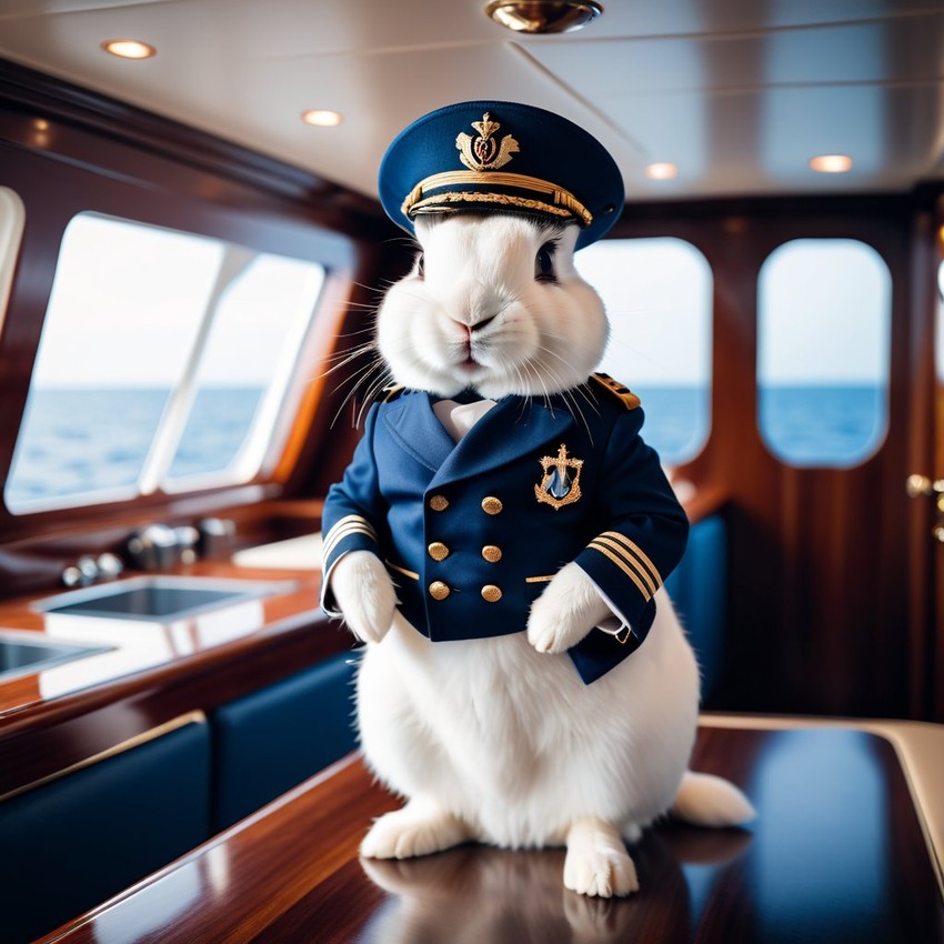 dutch rabbit as a captain on a luxury yacht, wearing captain uniform, against a blue sea.