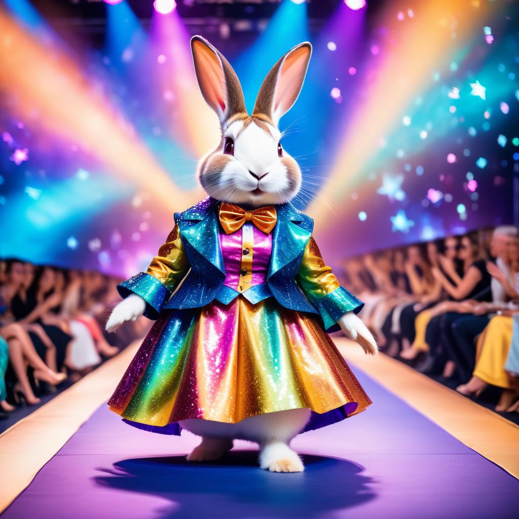 dutch rabbit strutting down the fashion show catwalk stage in an extravagant cosmic-themed outfit with iridescent fabrics, high energy and extravagant.