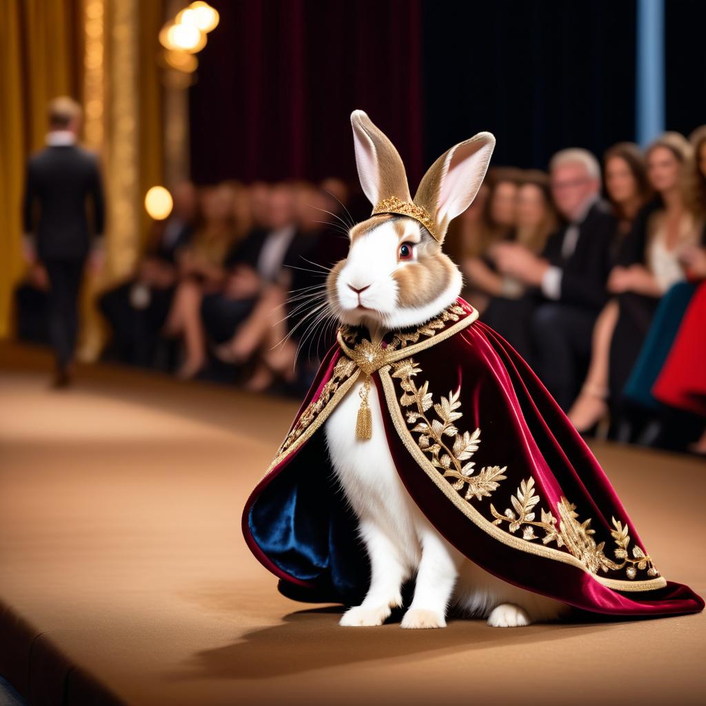 dutch rabbit strutting down the fashion show catwalk stage in a luxurious velvet cape with gold embroidery, high energy and majestic.