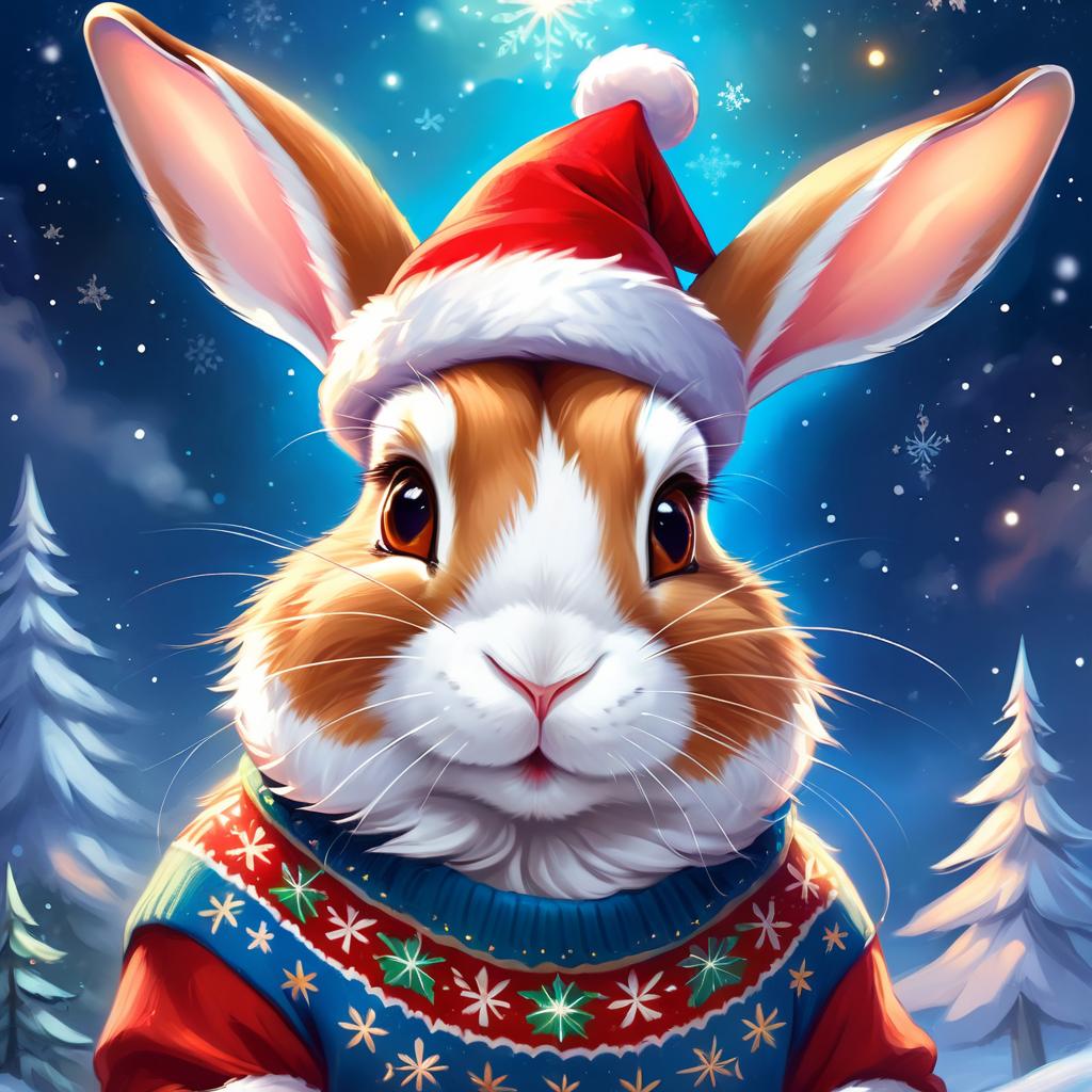 dutch rabbit in a christmas sweater and santa hat, ethereal and magical.