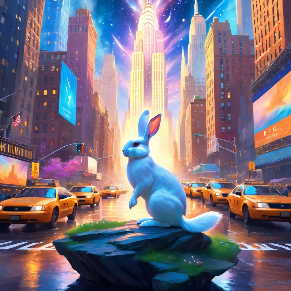 dutch rabbit in new york depicted in ethereal fantasy art, with a magical and celestial backdrop.