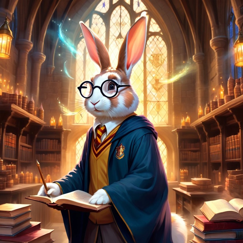 dutch rabbit as harry potter, with glasses and a magical hogwarts setting, evoking a celestial and epic feel.