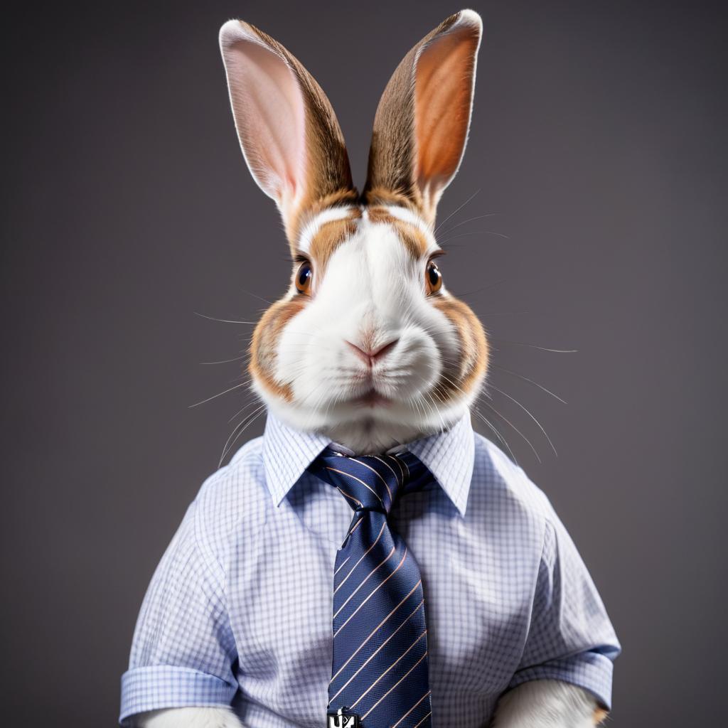 professional headshot of dutch rabbit wearing a shirt and tie for a cv or linkedin, studio photo.