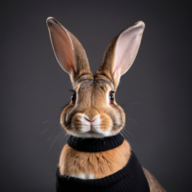 professional headshot of dutch rabbit wearing a black turtleneck for a cv or linkedin, studio photo.