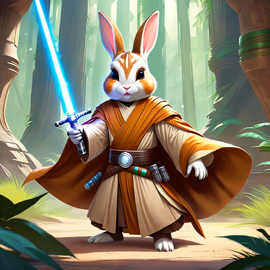 dutch rabbit as a jedi knight, with a lightsaber and star wars backdrop in a celestial, painterly style.