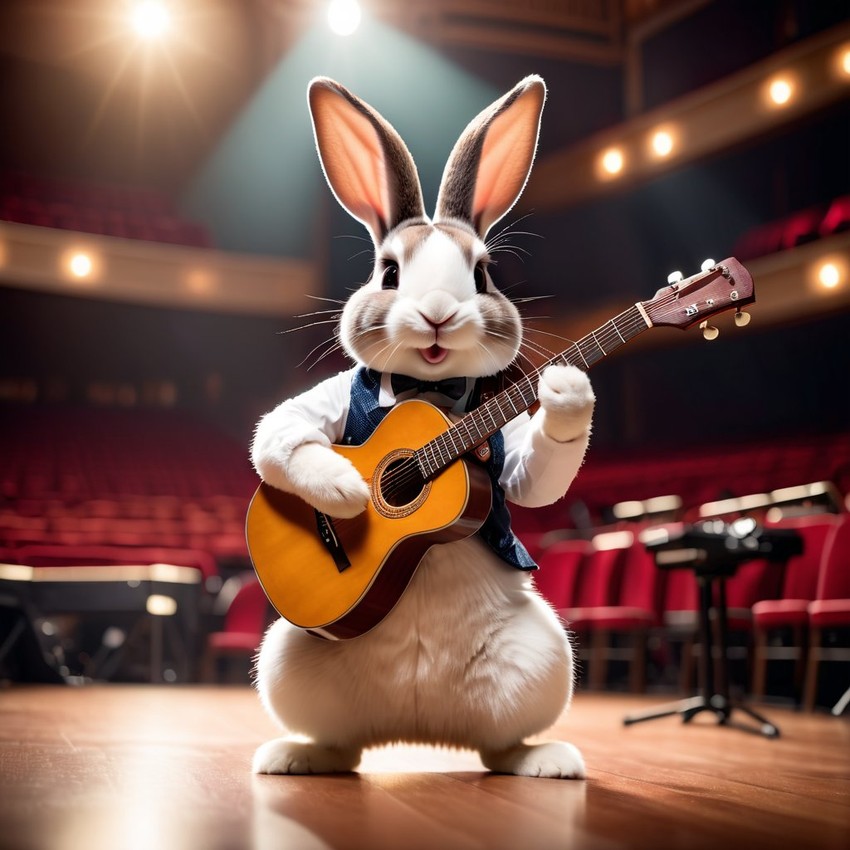 dutch rabbit as a musician playing guitar in a cinematic concert hall, capturing dynamic and high-energy performance.