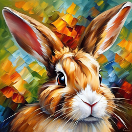 knife oil painting of dutch rabbit in the style of leonid afremov and degas, featuring vibrant, textured brushstrokes.