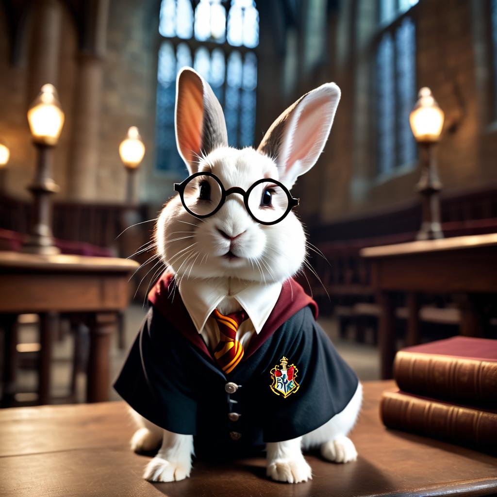 dutch rabbit as harry potter, with glasses and hogwarts setting, capturing the magical and epic essence.