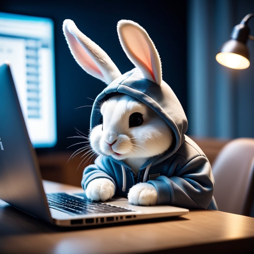 dutch rabbit as a programmer, working on a laptop in a hoodie, capturing a cute and happy moment.