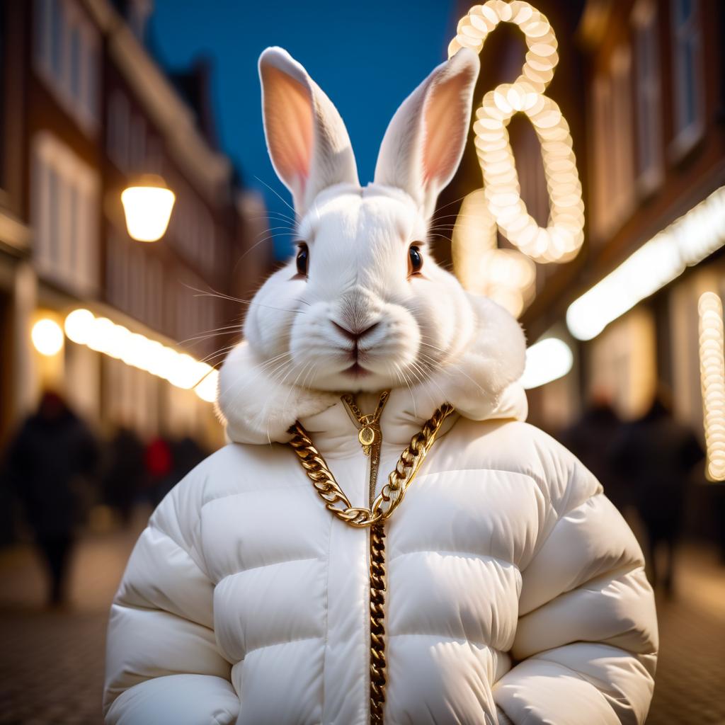 dutch rabbit in a large white puffer coat with golden hip hop chains, set in a posh urban environment.