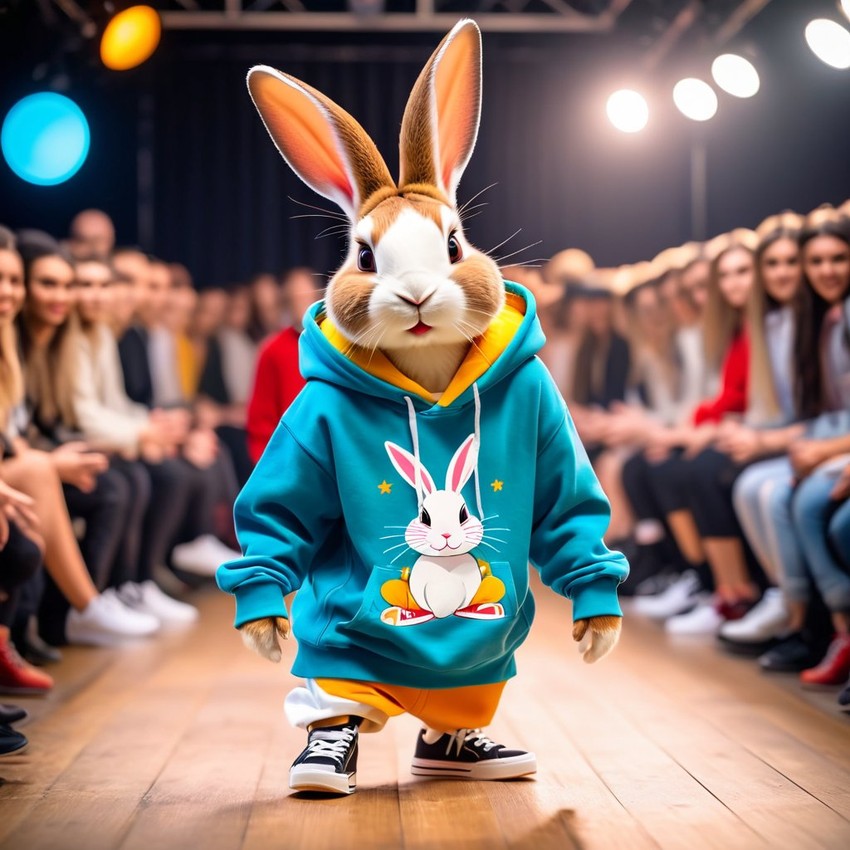 dutch rabbit strutting down the fashion show catwalk stage in trendy streetwear including a cool hoodie and sneakers, high energy and trendy.