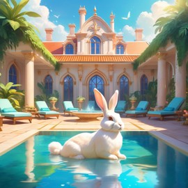 dutch rabbit suntanning next to a luxurious villa pool, capturing a posh and magical moment.