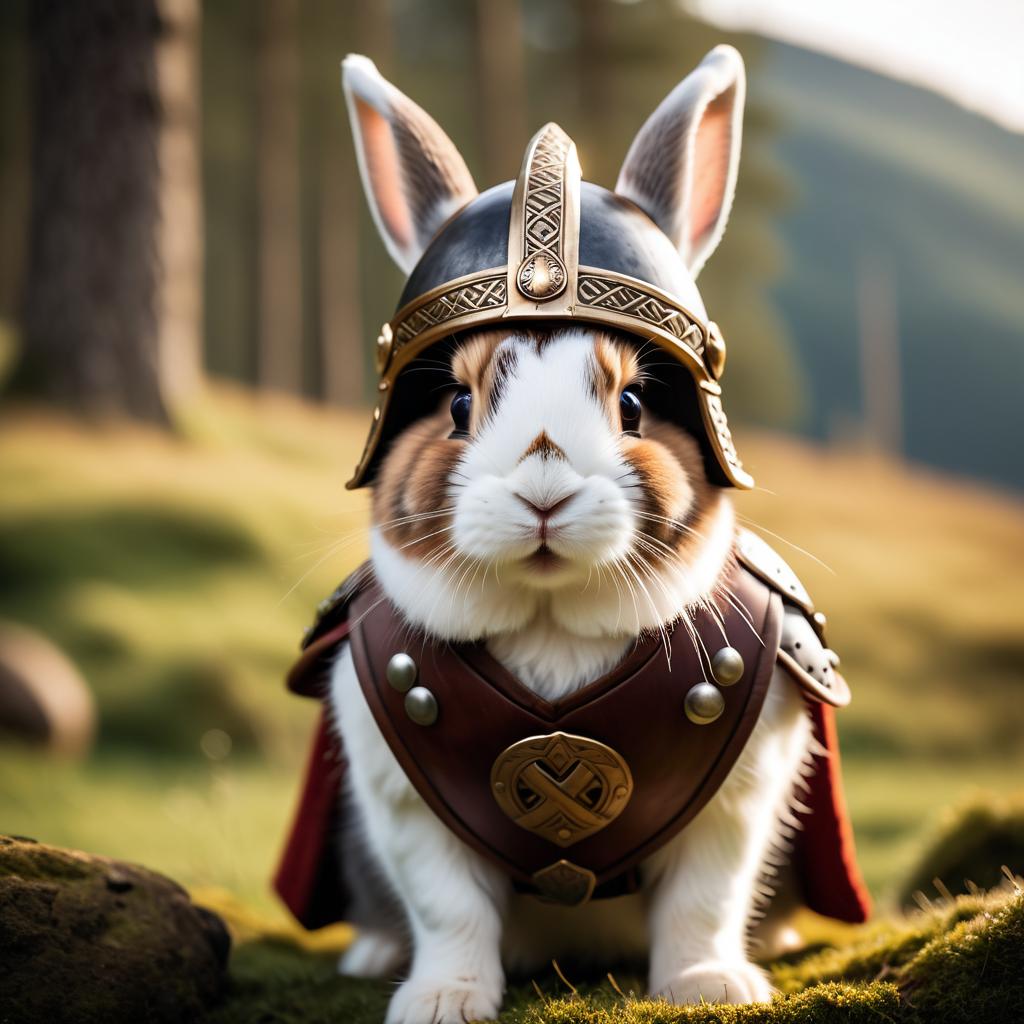 dutch rabbit as a viking, wearing traditional armor and helmet, set in a detailed viking environment.