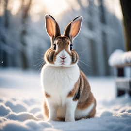 dutch rabbit in a beautiful winter scene, wearing stylish winter clothing, looking cute and happy.