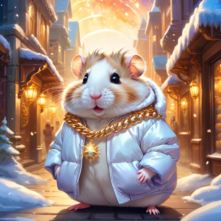 dwarf campbell russian hamster in a white puffer coat with golden hip hop chains, in a posh urban environment, looking cute and happy.